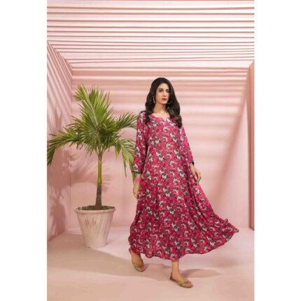 Pink Rose Digital Printed tawakkalfabric Long Dress