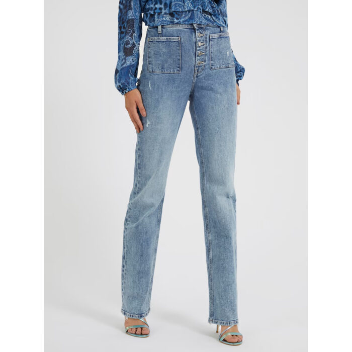 Guess High Rise Button Up Straight Ripped Jeans