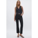 Zara Black High Rise Raw Hem Straight Jeans