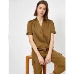 Koton V-Neck Olive Satin Short Sleeve Blouse
