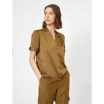 Koton V-Neck Olive Satin Short Sleeve Blouse