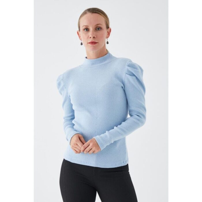 Ice Blue Turtleneck Ribbed Sweater