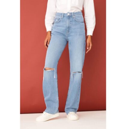 F&F Blue High Rise Straight Crop Ripped Jeans