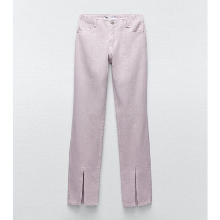 Zara Light Pink High Rise Flare Slit Hem Jeans