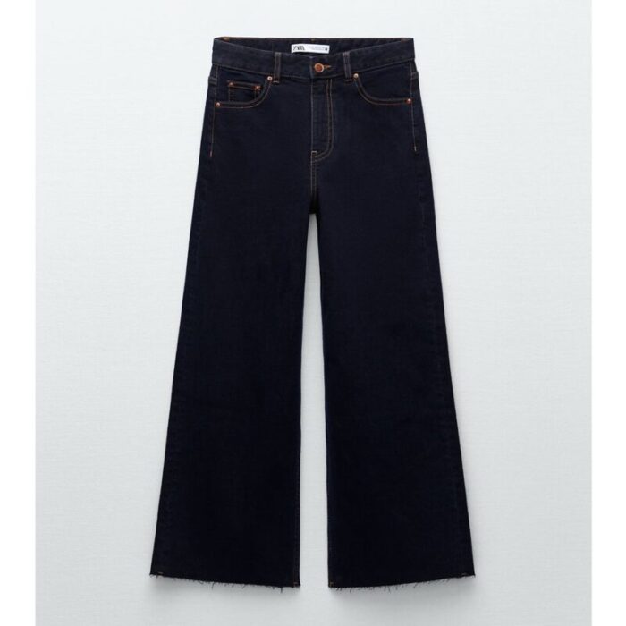 Zara Dark Wash High Rise Wide Leg Crop Hem Jeans