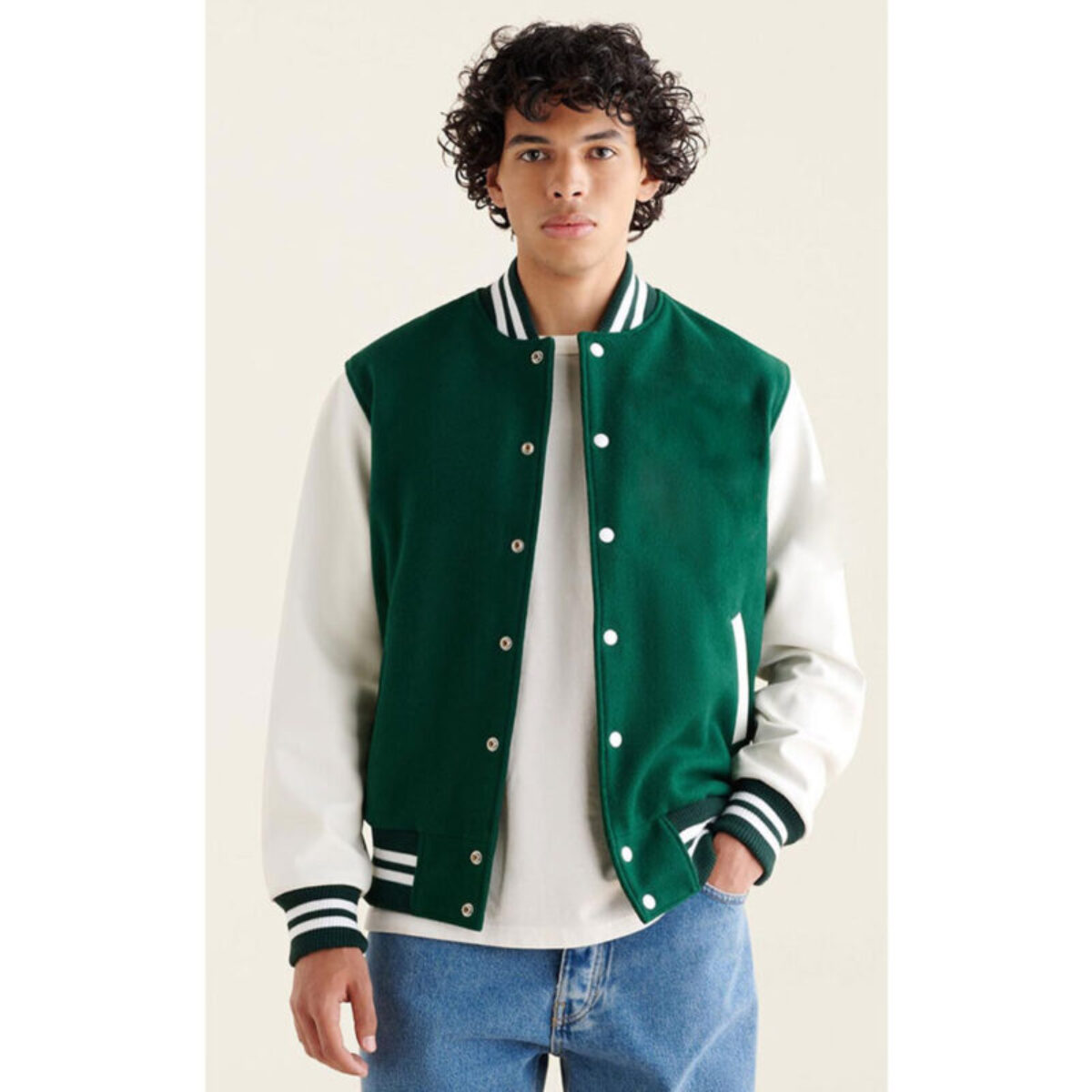 LA Bottle Green and White Varsity Baseball Jacket 