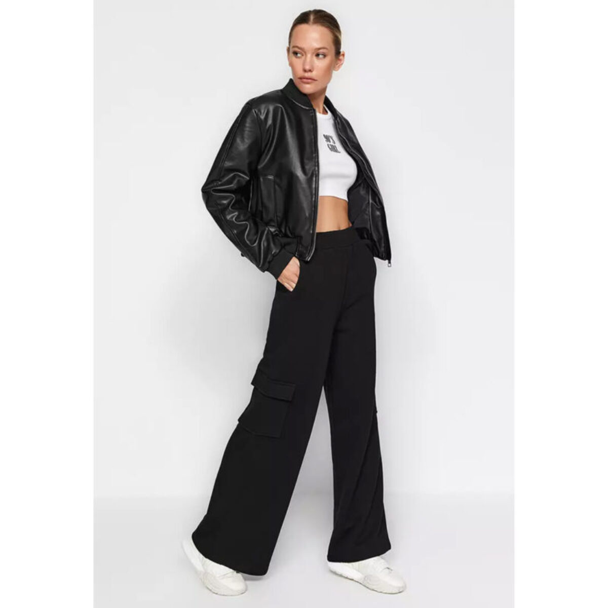 Bershka Black Cargo High Rise Wide Leg Trouser. 