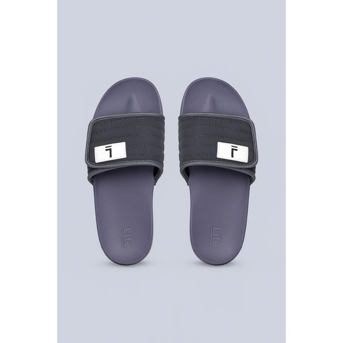 LITE GREY QUILTED STRAP SLIDES – PURPLE BASE