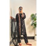 Black Cotton 3-Piece Suit with Colorful Embroidery & Chiffon Dupatta. - Image 2