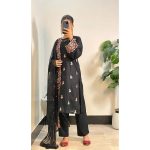 Black Cotton 3-Piece Suit with Colorful Embroidery & Chiffon Dupatta.