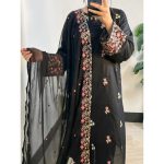 Black Cotton 3-Piece Suit with Colorful Embroidery & Chiffon Dupatta. - Image 4