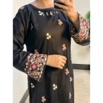 Black Cotton 3-Piece Suit with Colorful Embroidery & Chiffon Dupatta. - Image 3