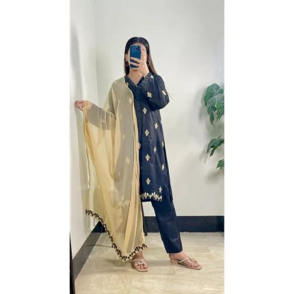 Black & Gold Embroidered 3-Piece Suit with Chiffon Dupatta