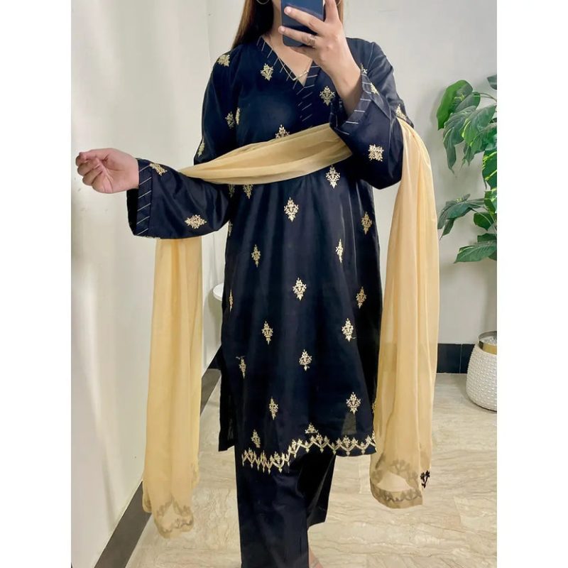 Black & Gold Embroidered 3-Piece Suit with Chiffon Dupatta