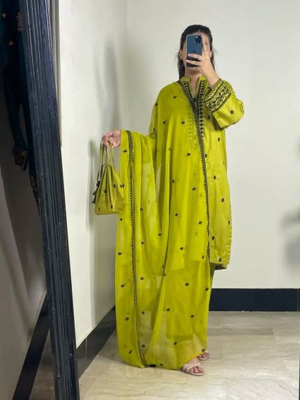 Dhani green 3-piece embroidered cotton suit