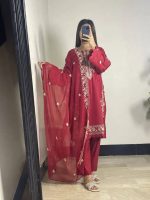 Elegant 3-piece stitched red cotton suit