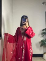 Elegant 3-piece stitched red cotton suit - Image 2