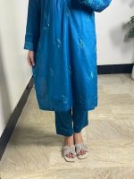 Elegant teal blue 3-piece stitched suit. - Image 3