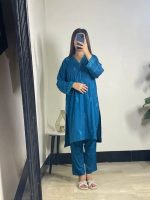 Elegant teal blue 3-piece stitched suit.
