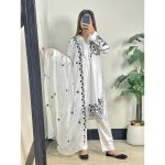 Premium White Cotton 3-Piece Embroidered Suit with Black Thread Work