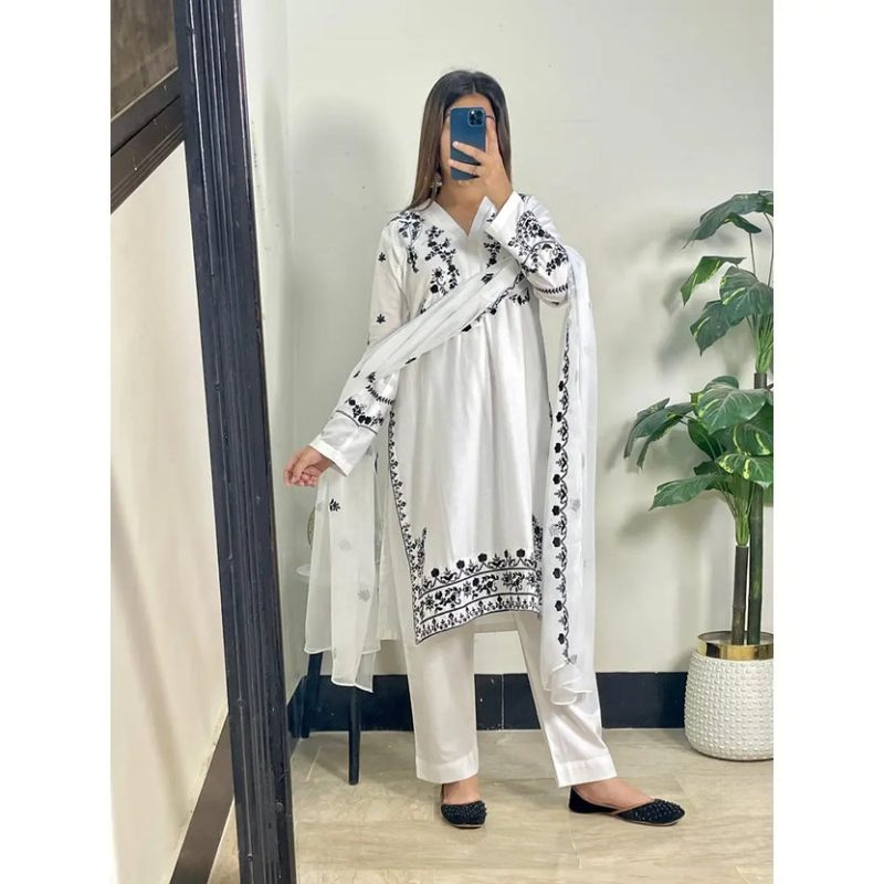 Premium White Cotton 3-Piece Embroidered Suit with Black Thread Work