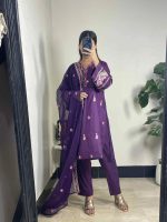 Purple 3-Piece Stitched Cotton Suit with Chiffon Embroidered Dupatta