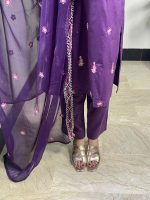 Purple 3-Piece Stitched Cotton Suit with Chiffon Embroidered Dupatta - Image 4