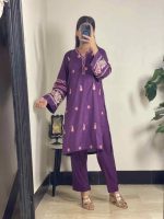 Purple 3-Piece Stitched Cotton Suit with Chiffon Embroidered Dupatta - Image 2