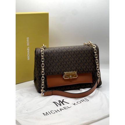 MICHAEL KORS CECE BROWN MEDIUM LOGO SHOULDER BAG.