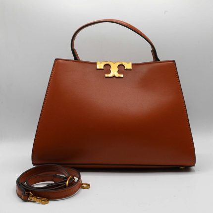 TORY BURCH BROWN ELEANOR SATCHEL HANDBAG.