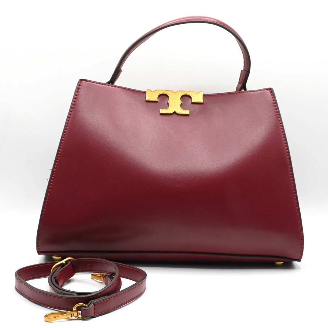 TORY BURCH MAROON ELEANOR SATCHEL HANDBAG.