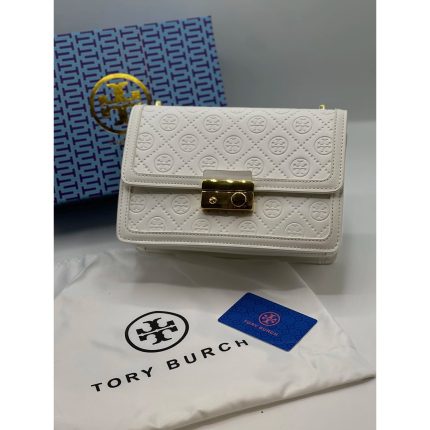 TORY BURCH WHITE T MONOGRAM SHOULDER BAG .
