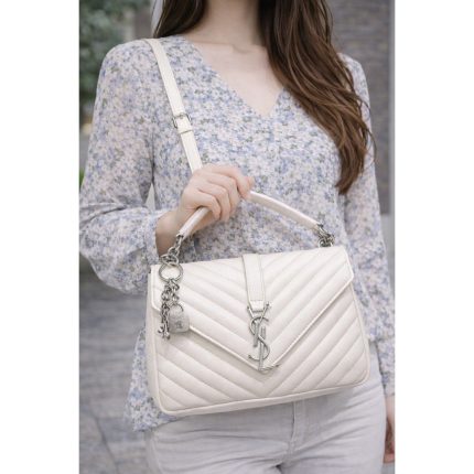 YSL COLLEGE MEDIUM IN QUILTED WHITE MONOGRAM