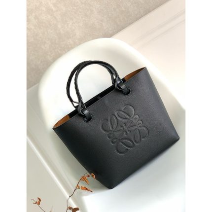 LOEWE ANAGRAM SMALL BLACK LEATHER TOTE BAG