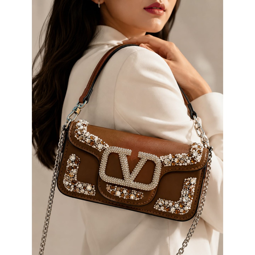 VALENTINO GARAVANI BROWN MICRO LOCO EMBELLISHED CRYSTAL SHOULDER BAG