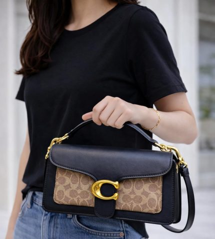 COACH TABBY SHOULDER BLACK BROWN BAG SIGNATURE CANVAS