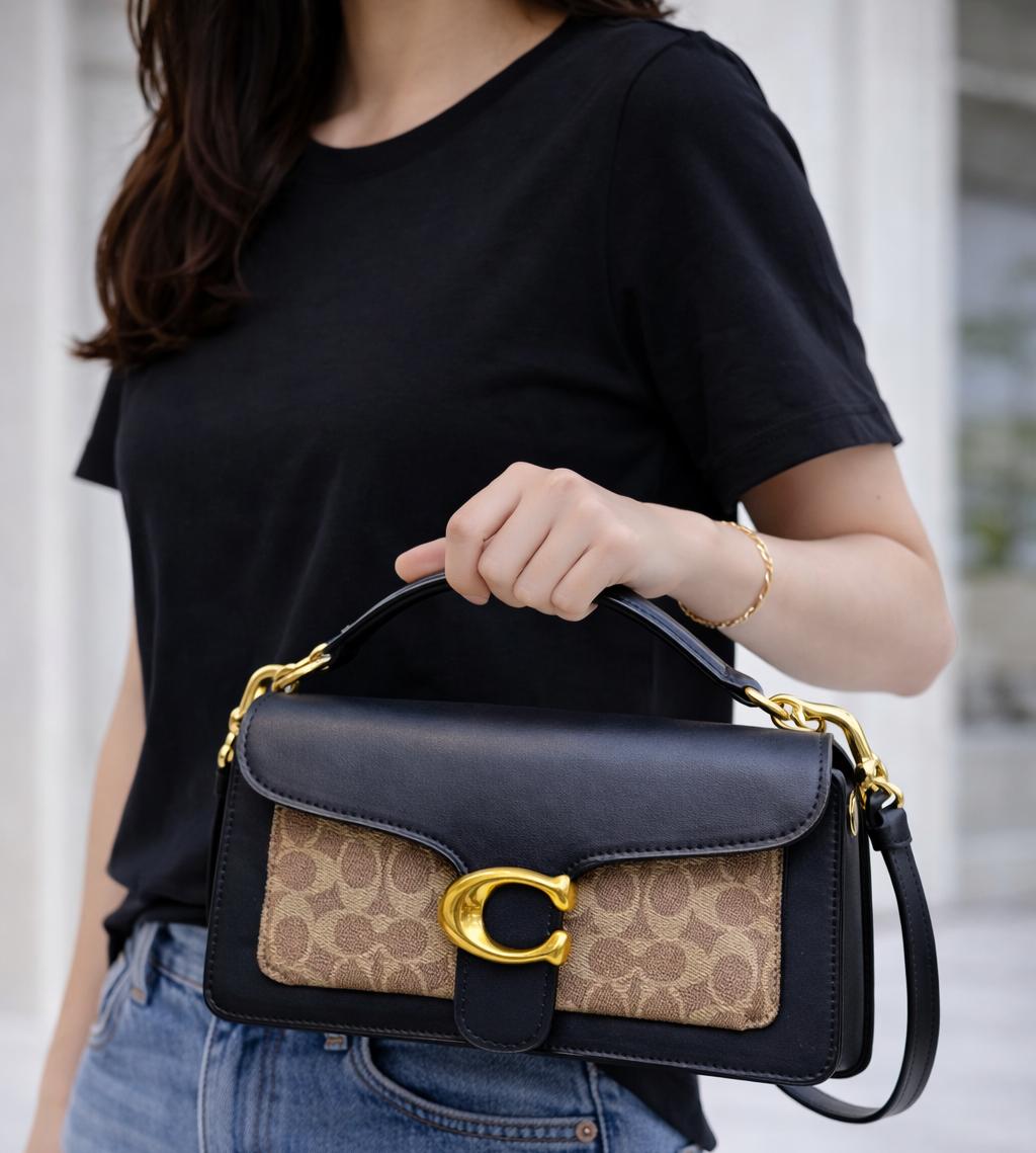 COACH TABBY SHOULDER BLACK BROWN BAG SIGNATURE CANVAS
