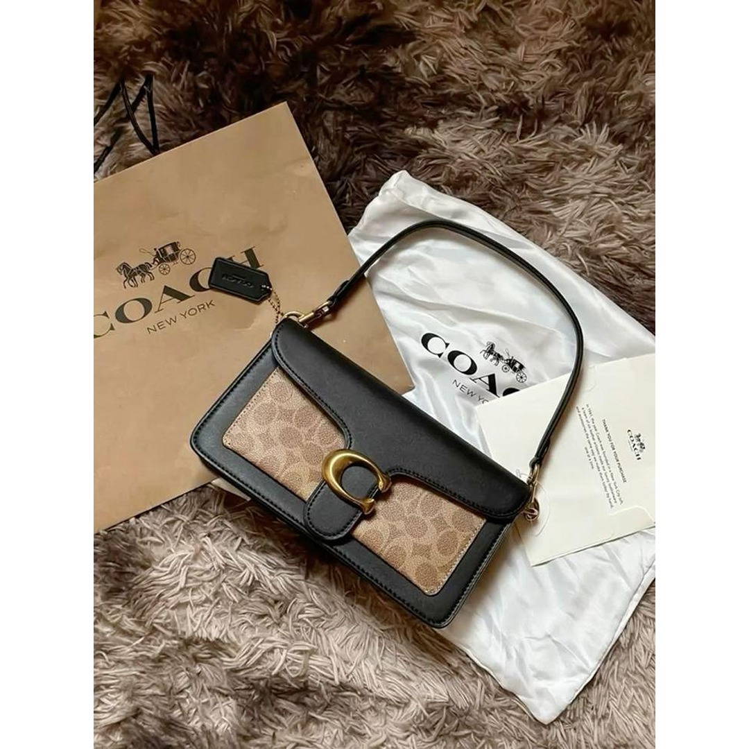 COACH TABBY SHOULDER BLACK BROWN BAG SIGNATURE CANVAS
