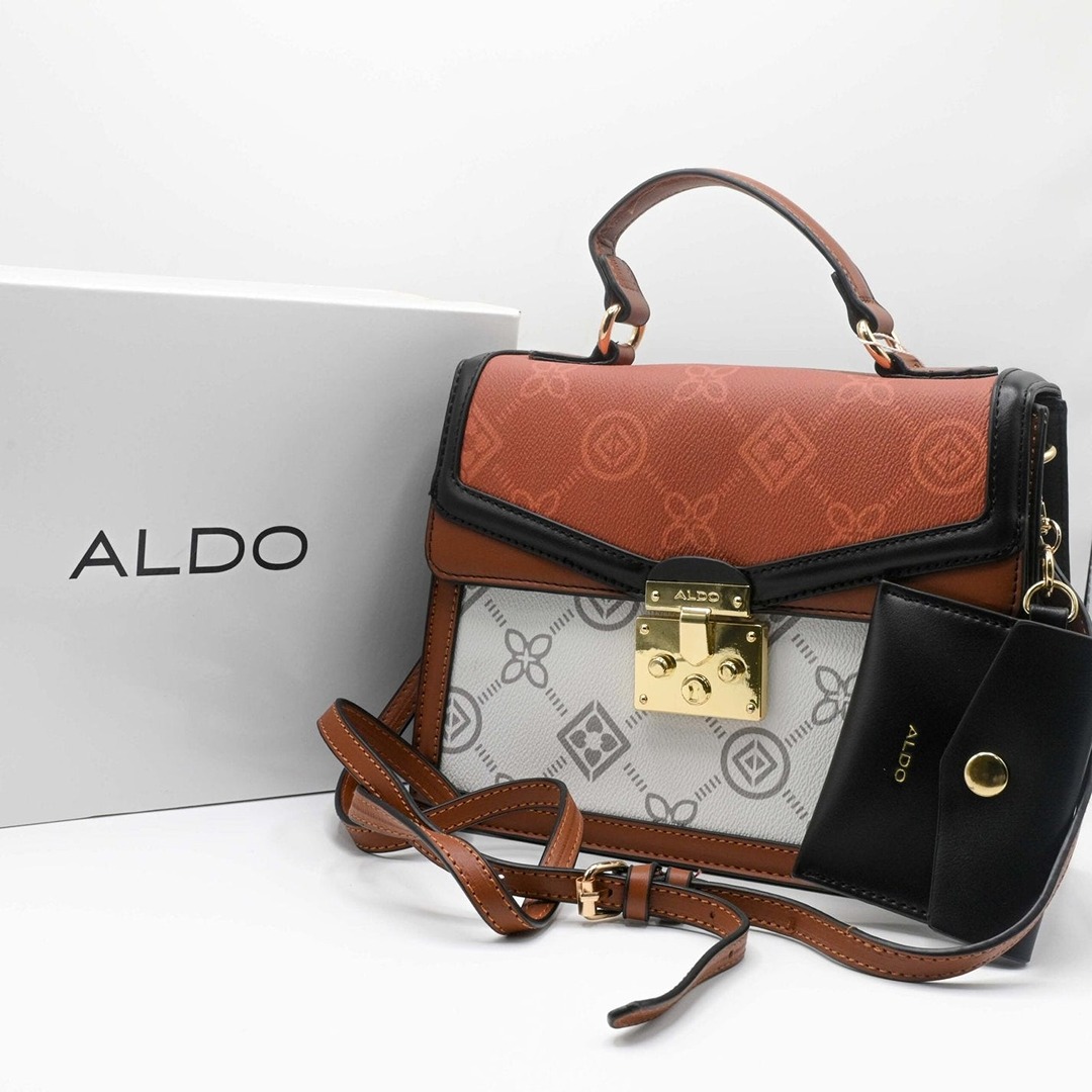 ALDO EMALINE MONOGRAM TOP BROWN WHITE HANDLE BAG.