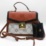 ALDO EMALINE MONOGRAM TOP BROWN WHITE HANDLE BAG.