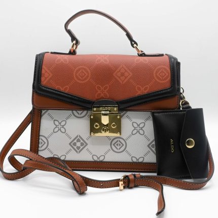 ALDO EMALINE MONOGRAM TOP BROWN WHITE HANDLE BAG.