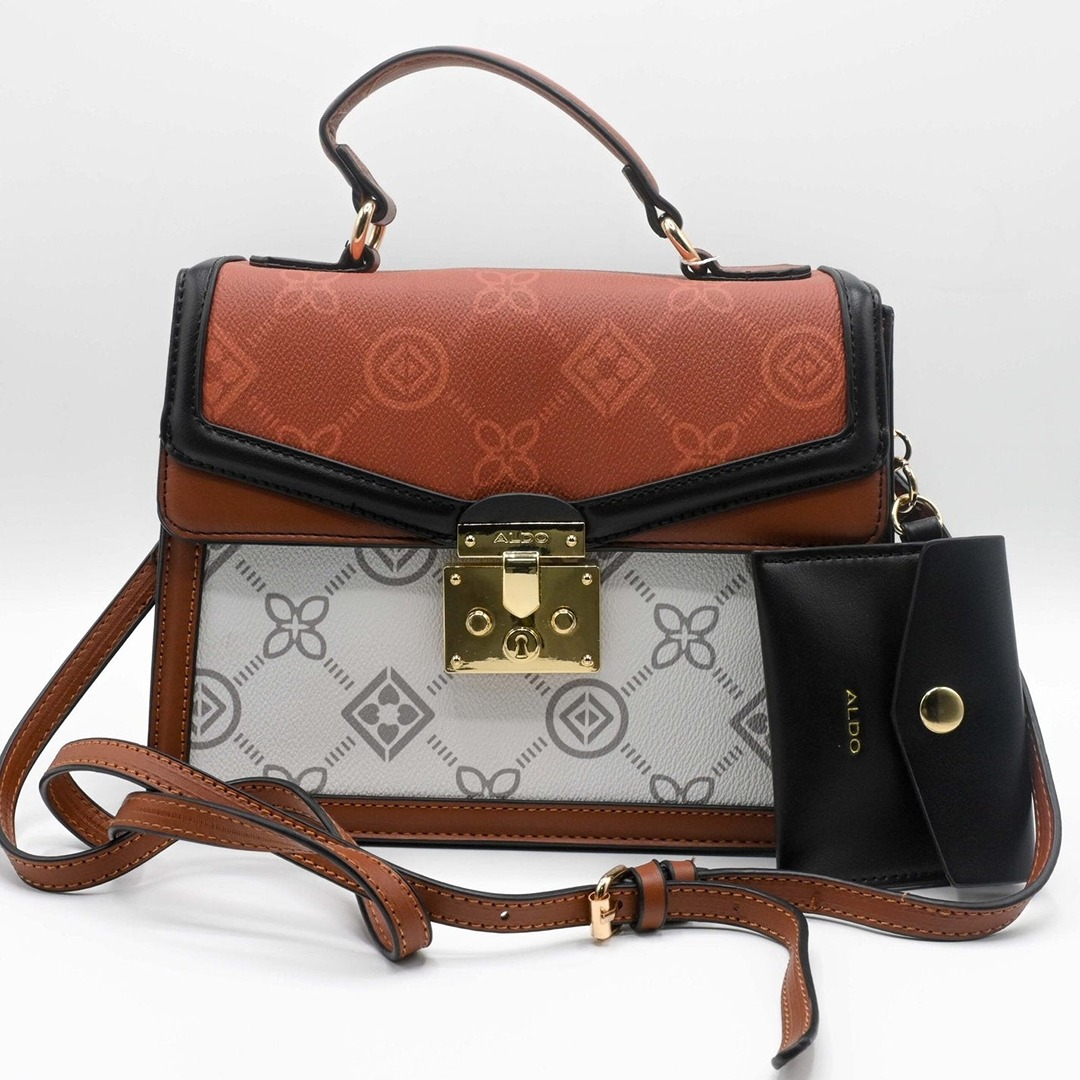 ALDO EMALINE MONOGRAM TOP BROWN WHITE HANDLE BAG.