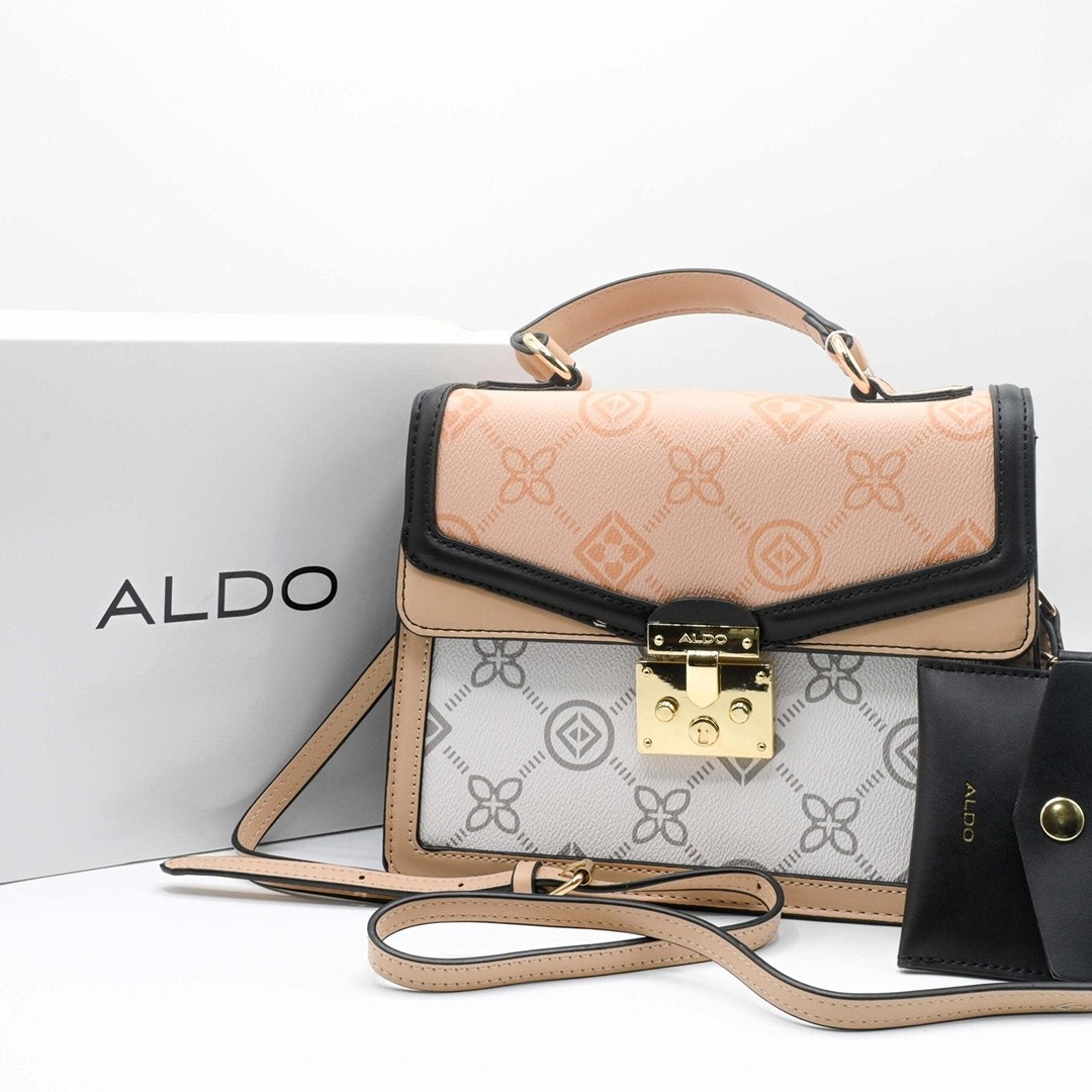 ALDO EMALINE MONOGRAM TOP PEACH WHITE HANDLE BAG.