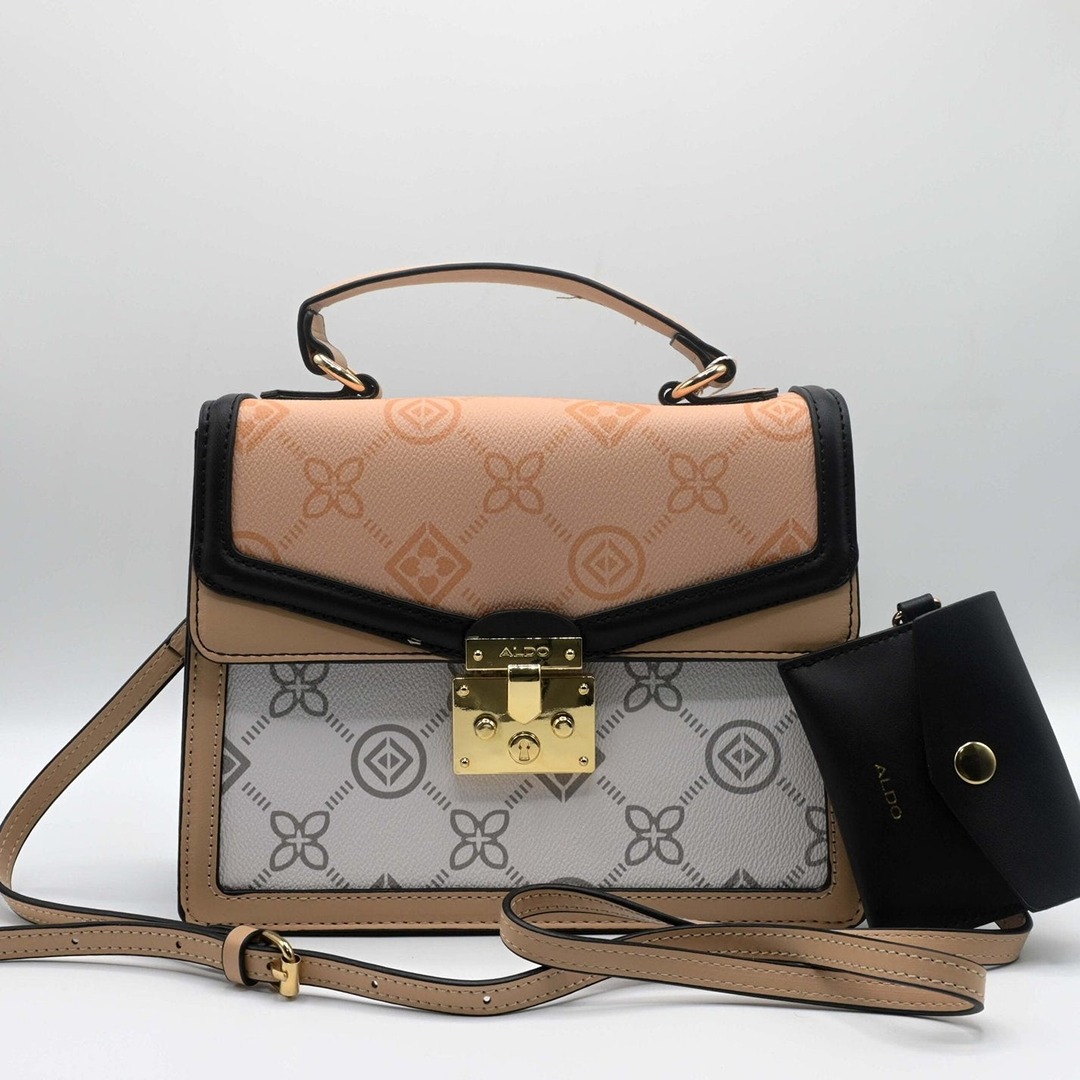 ALDO EMALINE MONOGRAM TOP PEACH WHITE HANDLE BAG.