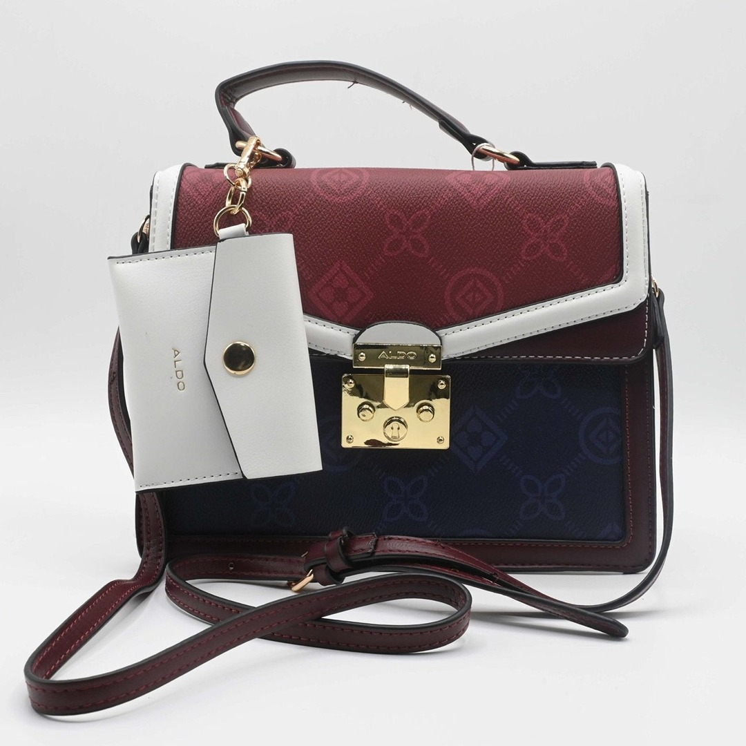 ALDO EMALINE MONOGRAM TOP MAROON NAVY HANDLE BAG.