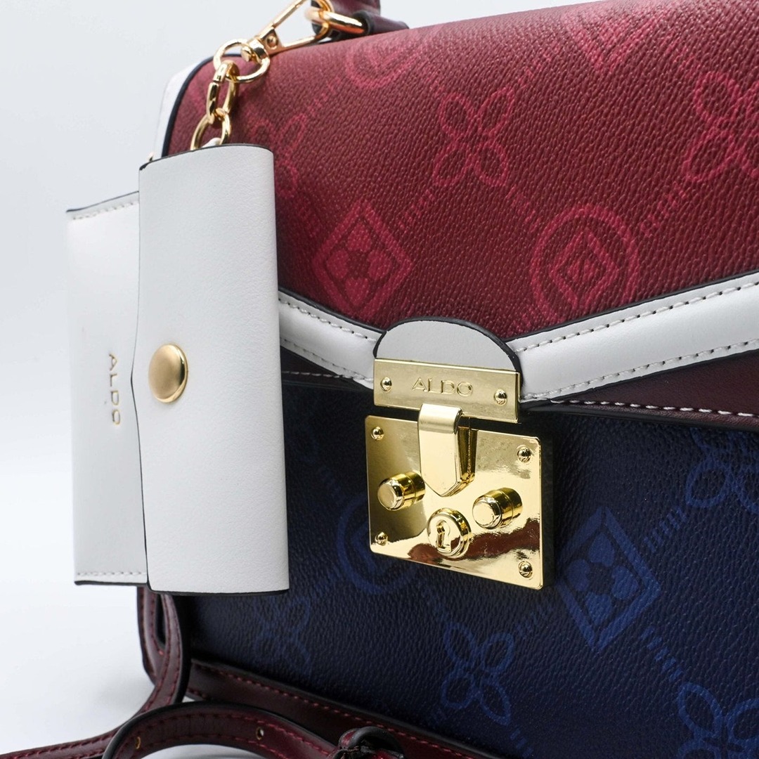 ALDO EMALINE MONOGRAM TOP MAROON NAVY HANDLE BAG.