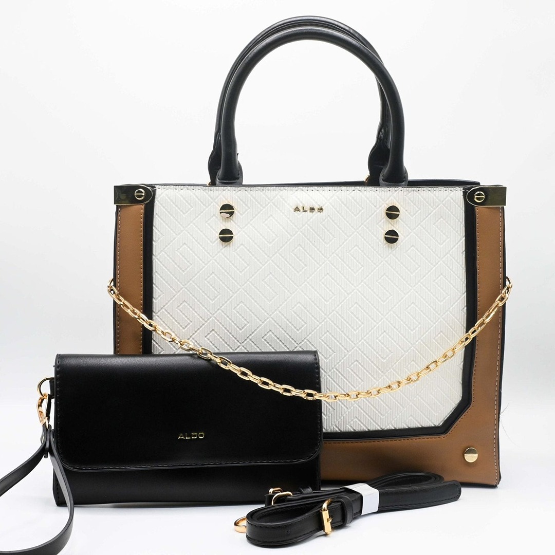 ALDO CATYLA TOTE WHITE BROWN BAG WITH WALLET.