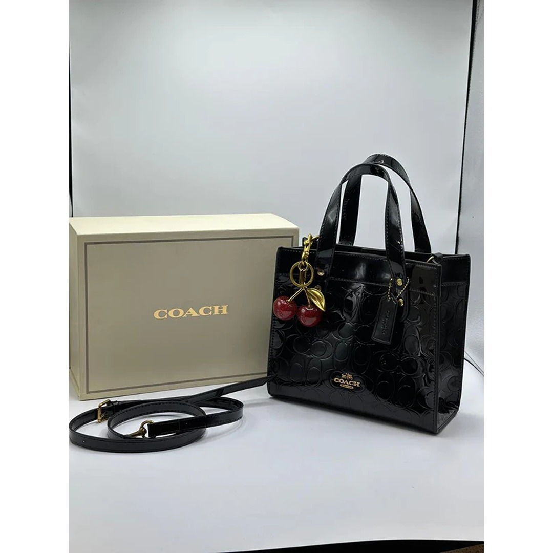 COACH SIGNATURE BLACK PATENT MINI TOTE BAG WITH CHERRY CHARM