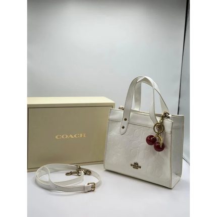 COACH SIGNATURE WHITE PATENT MINI TOTE BAG WITH CHERRY CHARM