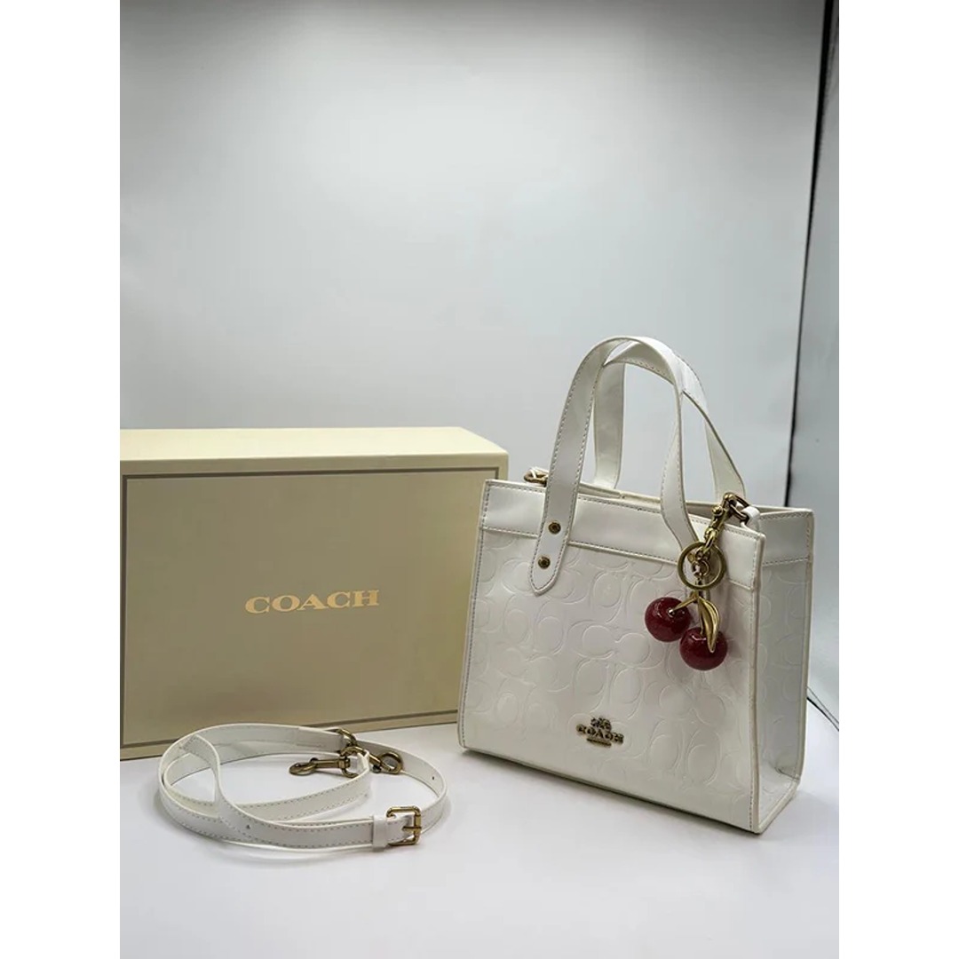 COACH SIGNATURE WHITE PATENT MINI TOTE BAG WITH CHERRY CHARM